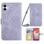 For Samsung Galaxy A04e 4G HT03 Imprinted Butterfly Flowers Folding Stand Cover Skin-touch PU Leather Wallet Flip Phone Case with Shoulder Strap