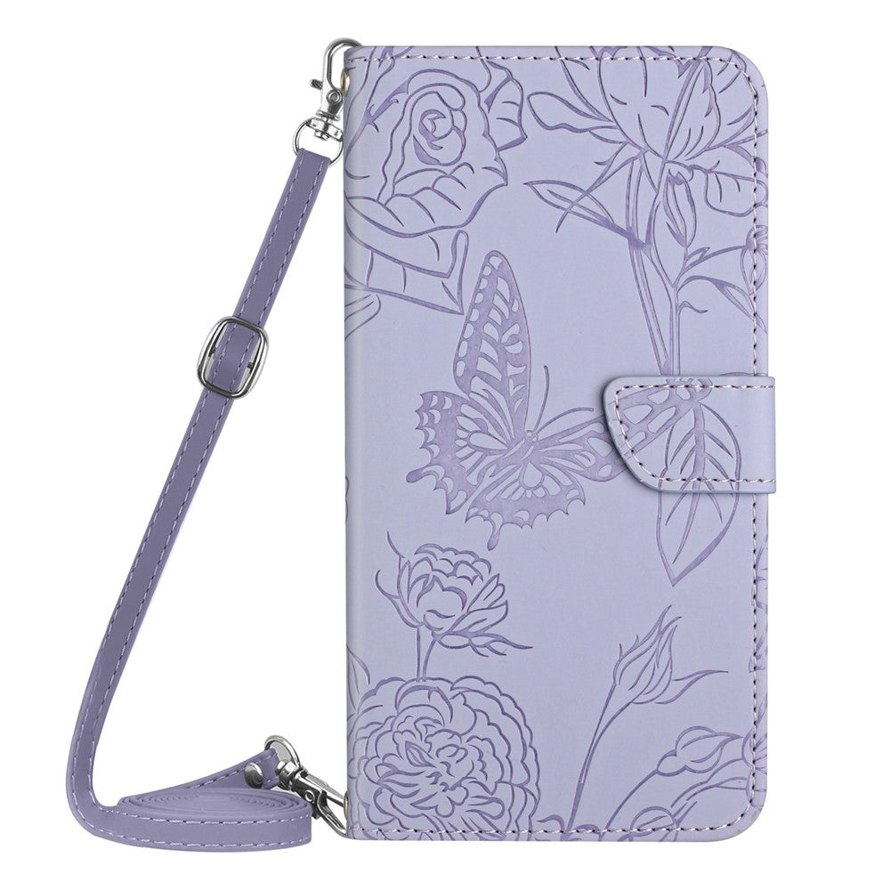 For Samsung Galaxy A04e 4G HT03 Imprinted Butterfly Flowers Folding Stand Cover Skin-touch PU Leather Wallet Flip Phone Case with Shoulder Strap