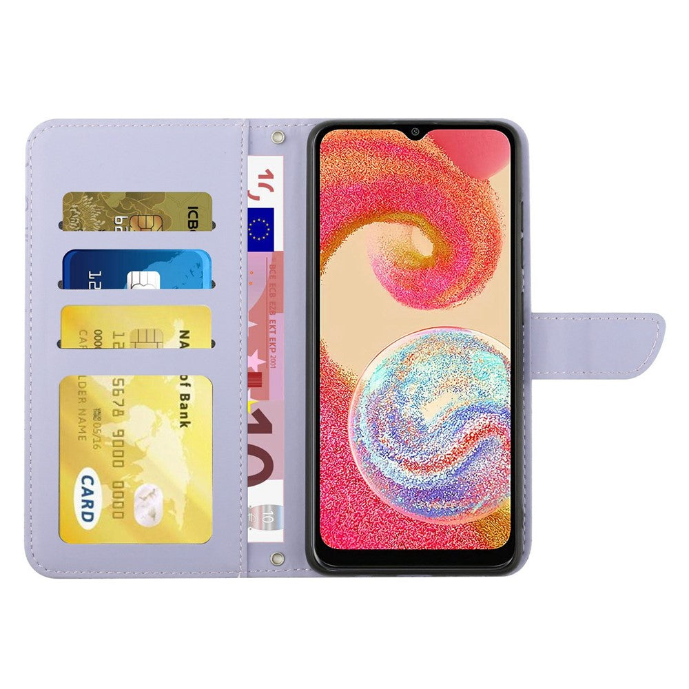 For Samsung Galaxy A04e 4G HT03 Imprinted Butterfly Flowers Folding Stand Cover Skin-touch PU Leather Wallet Flip Phone Case with Shoulder Strap