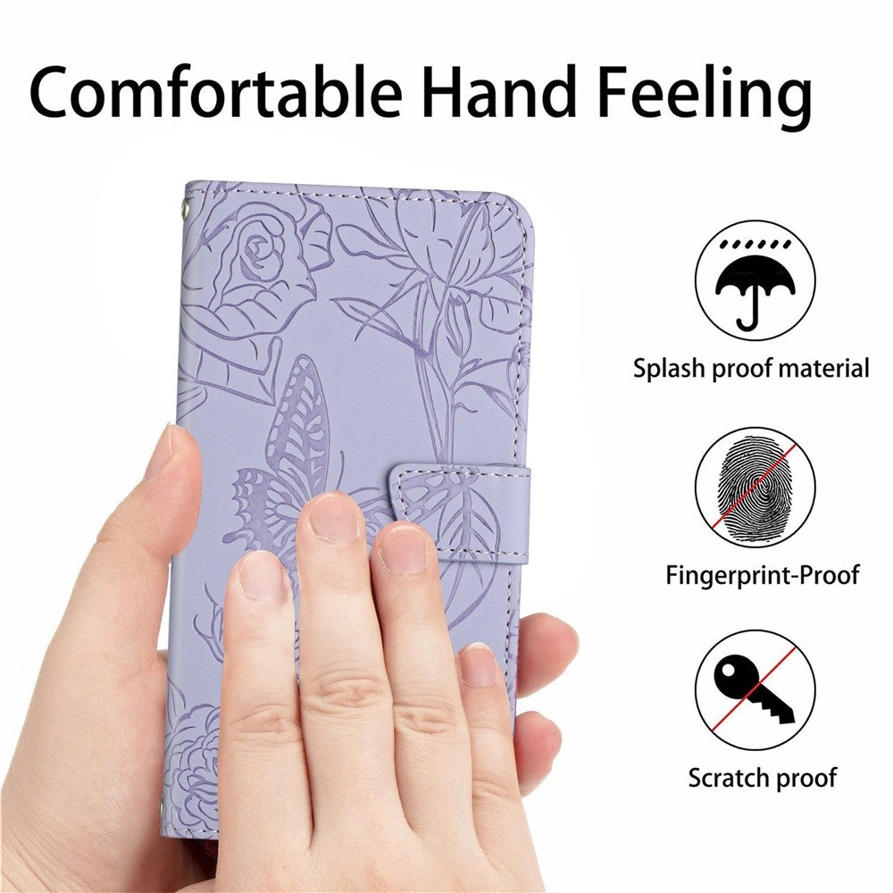 For Samsung Galaxy A04e 4G HT03 Imprinted Butterfly Flowers Folding Stand Cover Skin-touch PU Leather Wallet Flip Phone Case with Shoulder Strap