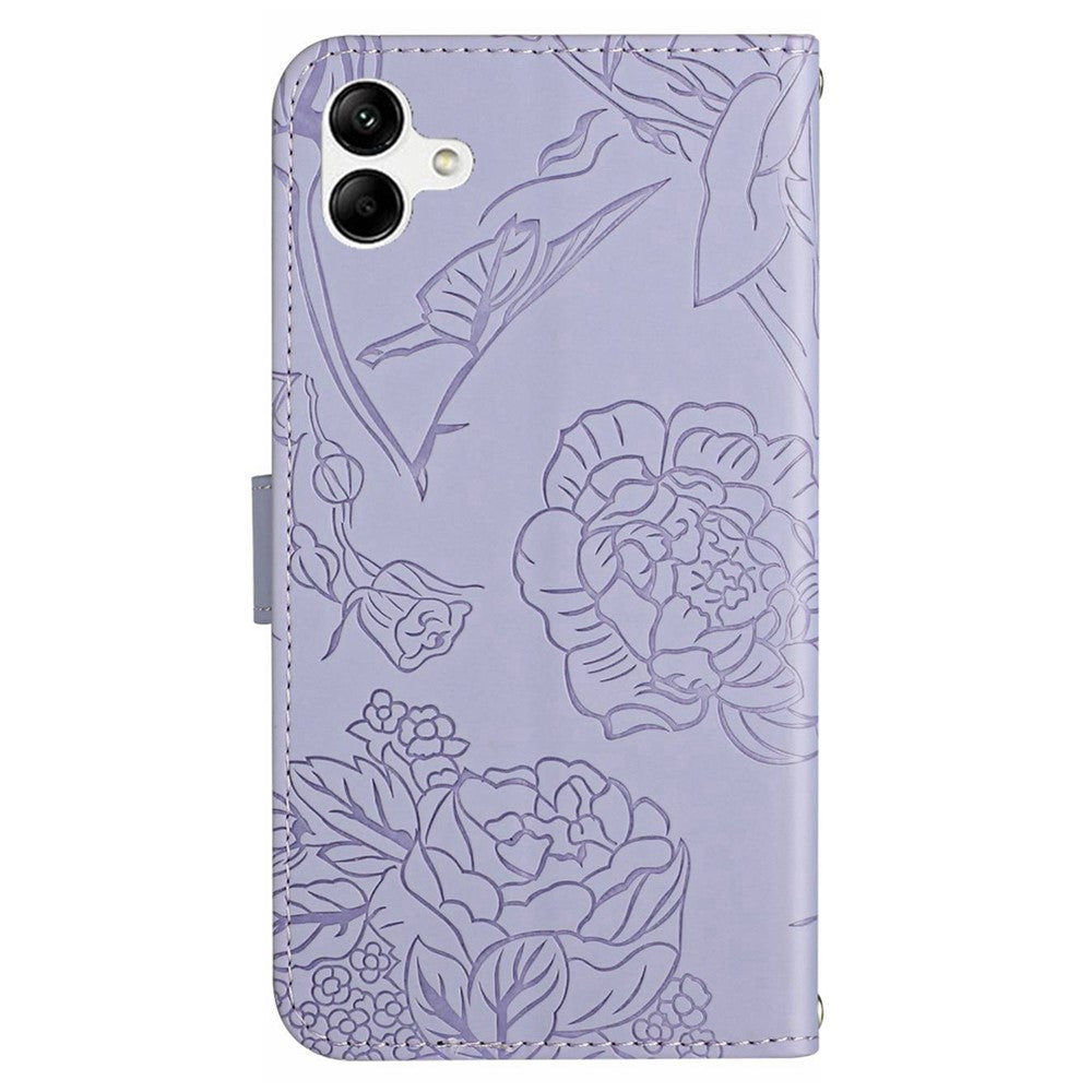 For Samsung Galaxy A04e 4G HT03 Imprinted Butterfly Flowers Folding Stand Cover Skin-touch PU Leather Wallet Flip Phone Case with Shoulder Strap