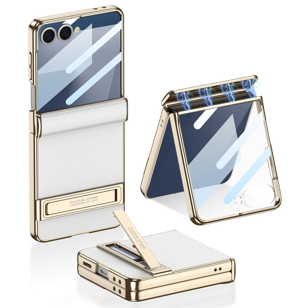 GKK For Samsung Galaxy Z Flip7 5G Kickstand Case Magnetic Hinge Protection PU + PC + Tempered Glass Phone Cover