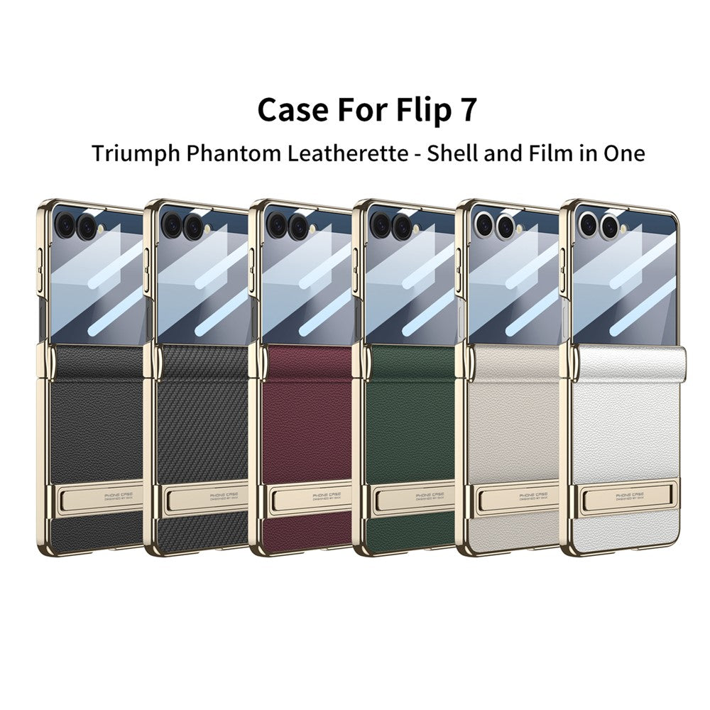 GKK For Samsung Galaxy Z Flip7 5G Kickstand Case Magnetic Hinge Protection PU + PC + Tempered Glass Phone Cover
