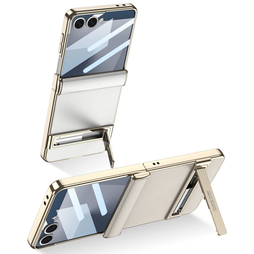 GKK For Samsung Galaxy Z Flip7 5G Kickstand Case Magnetic Hinge Protection PU + PC + Tempered Glass Phone Cover