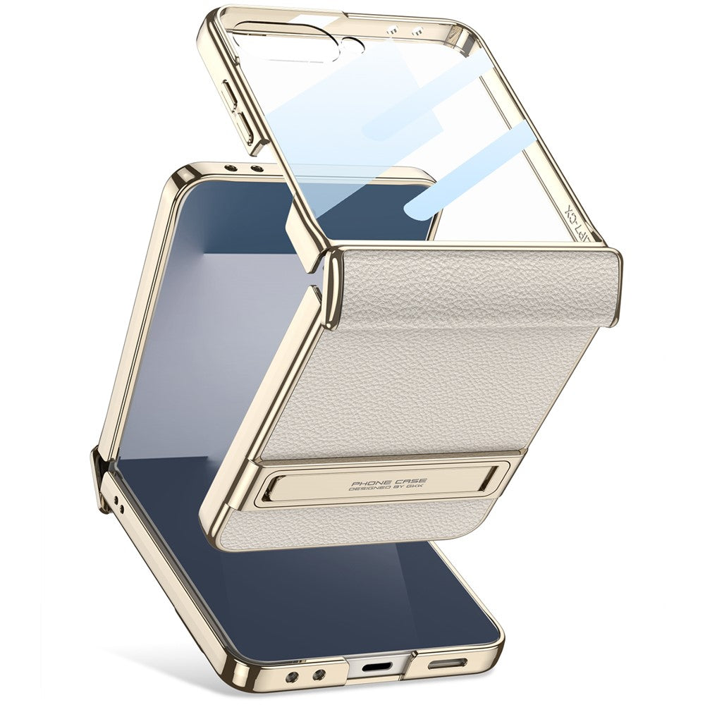 GKK For Samsung Galaxy Z Flip7 5G Kickstand Case Magnetic Hinge Protection PU + PC + Tempered Glass Phone Cover