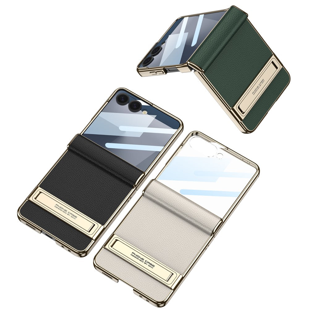 GKK For Samsung Galaxy Z Flip7 5G Kickstand Case Magnetic Hinge Protection PU + PC + Tempered Glass Phone Cover