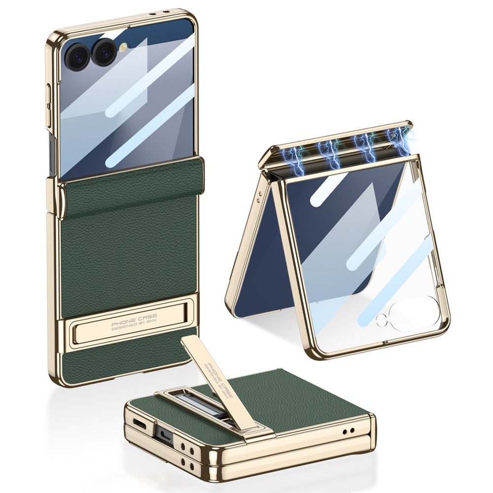 GKK For Samsung Galaxy Z Flip7 5G Kickstand Case Magnetic Hinge Protection PU + PC + Tempered Glass Phone Cover