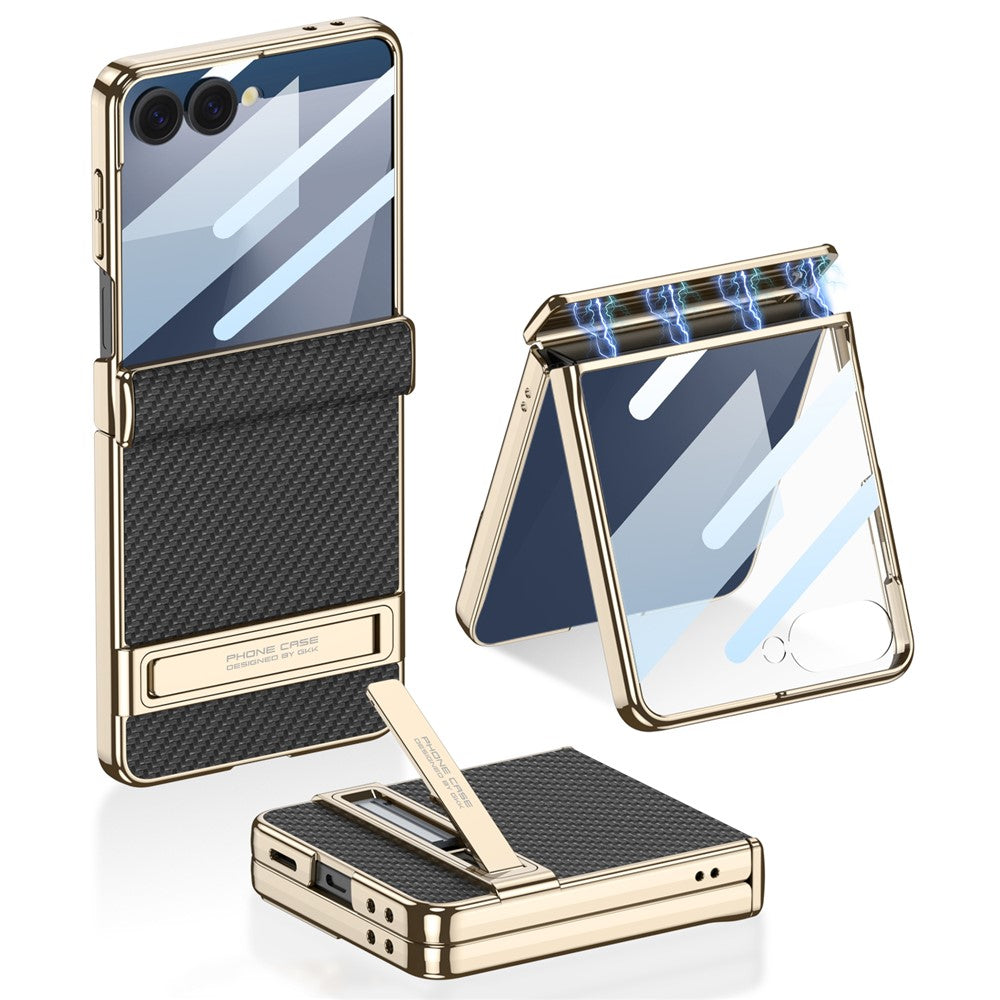 GKK For Samsung Galaxy Z Flip7 5G Kickstand Case Magnetic Hinge Protection PU + PC + Tempered Glass Phone Cover