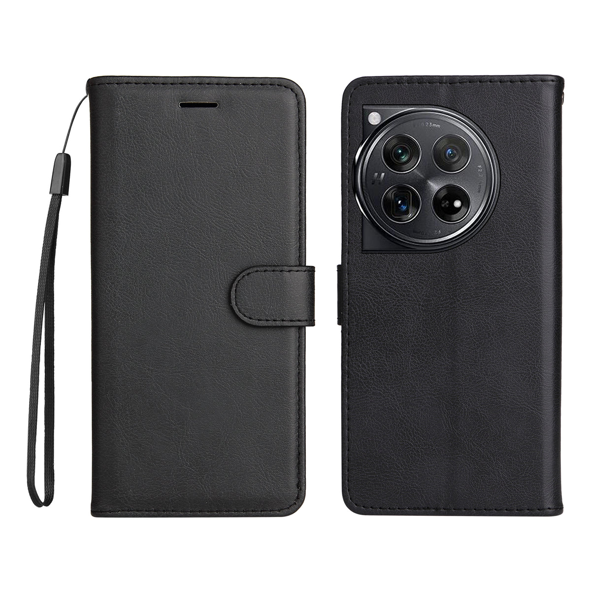For OnePlus 12 5G Leather Wallet Case with Strap Solid Color Phone Stand Cover
