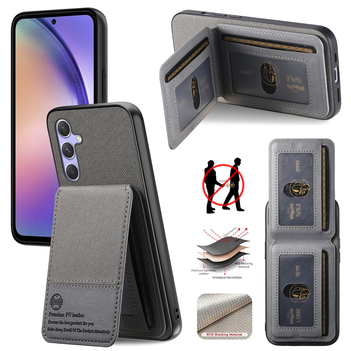 Til Samsung Galaxy A18 5G / A18 4G / A17 5G / A17 4G Cover, Stoftekstur Læder + PC + TPU RFID Blokerende Telefoncover med Kortholder