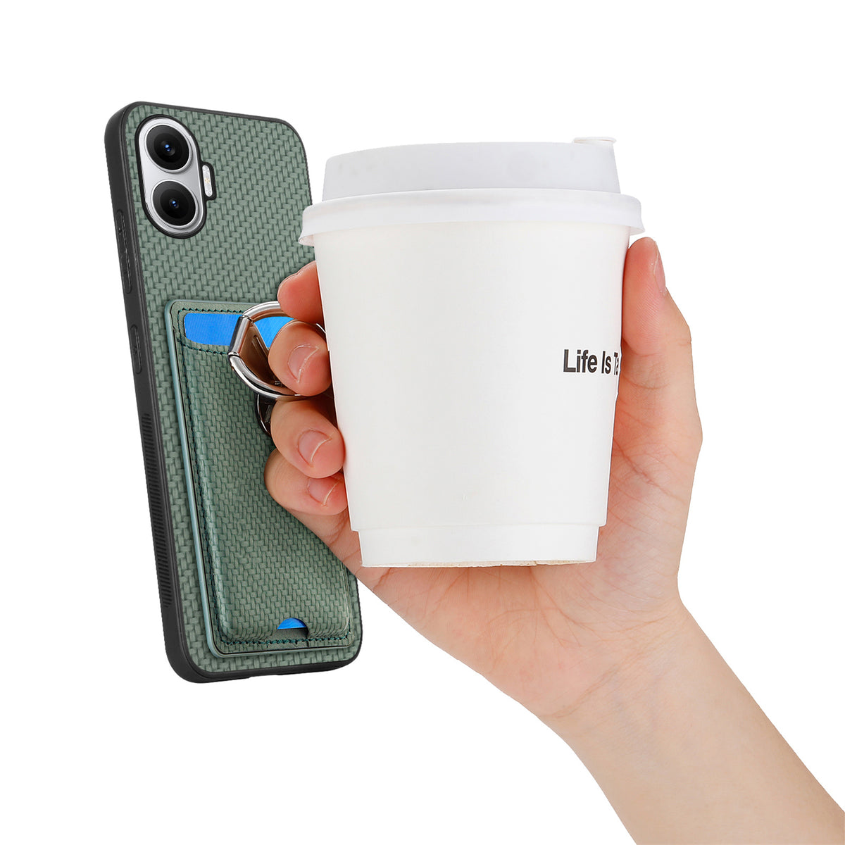 CASENEO Läderfodral för Xiaomi Redmi Turbo 4 Pro 5G, med stativ och kortplatser, kolfiberstruktur