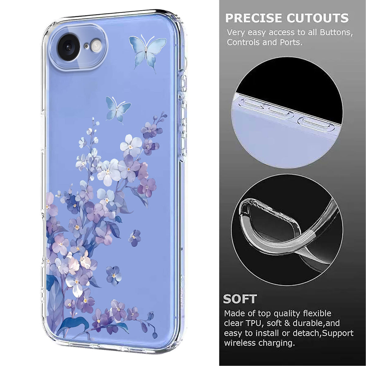 For iPhone 17th / 16th Case Butterfly Floral Pattern Printing TPU Phone Back Cover