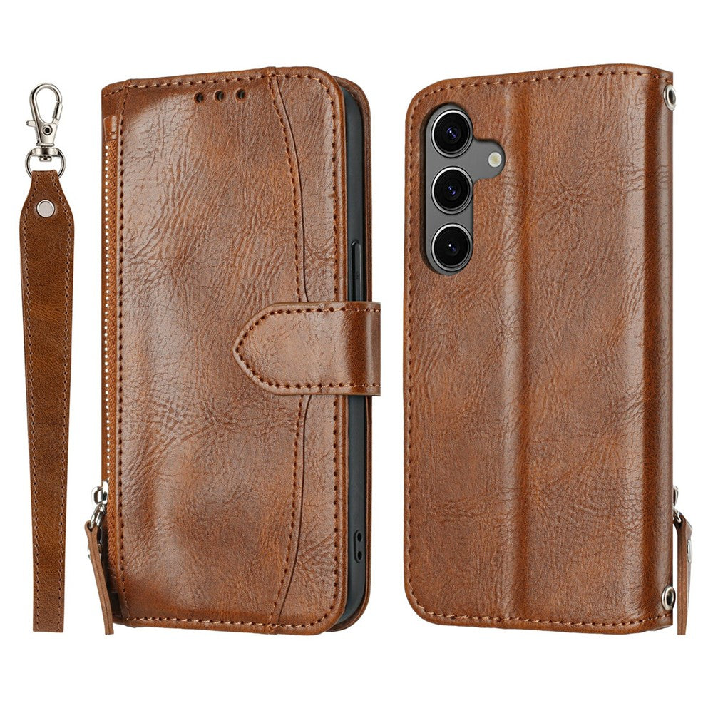 For Samsung Galaxy S25 FE Case Zipper Pocket Wallet Leather Phone Cover with Wrist Strap
