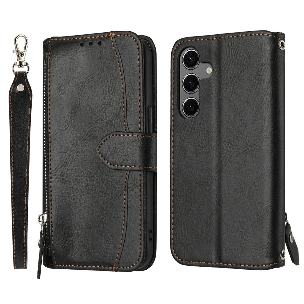 For Samsung Galaxy S25 FE Case Zipper Pocket Wallet Leather Phone Cover with Wrist Strap