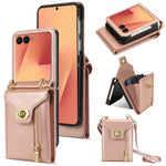 For Samsung Galaxy Z Flip7 5G Case Zipper Wallet Design PU PC Phone Cover with Long Strap