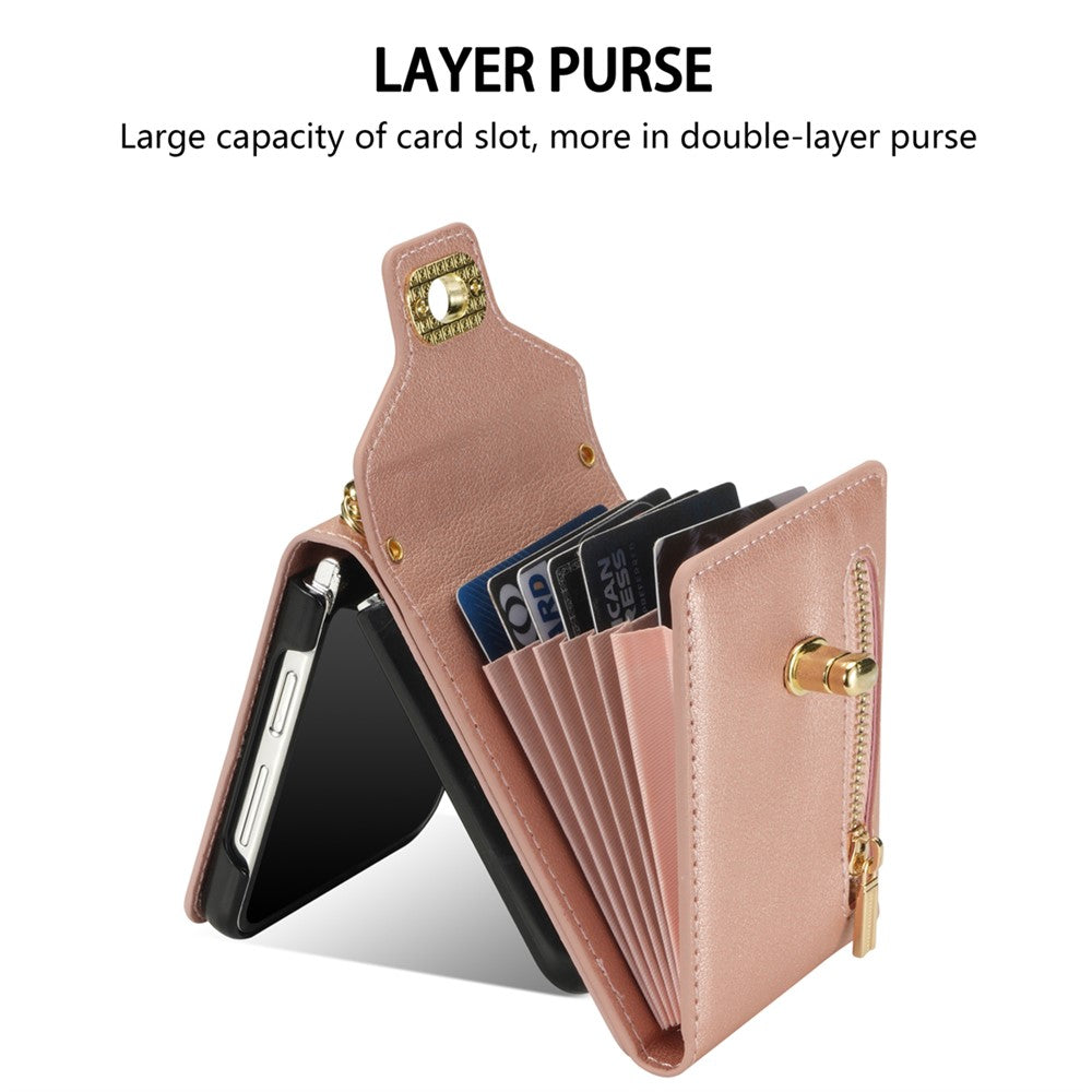 For Samsung Galaxy Z Flip7 5G Case Zipper Wallet Design PU PC Phone Cover with Long Strap