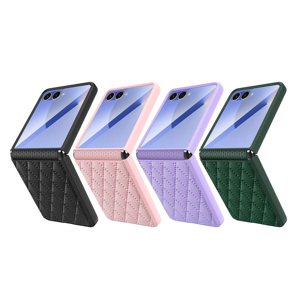 Samsung Galaxy Z Flip7 5G-skal Rhombus Imprint PU+hårt PC-mobilskal med skärm-/linsfilm