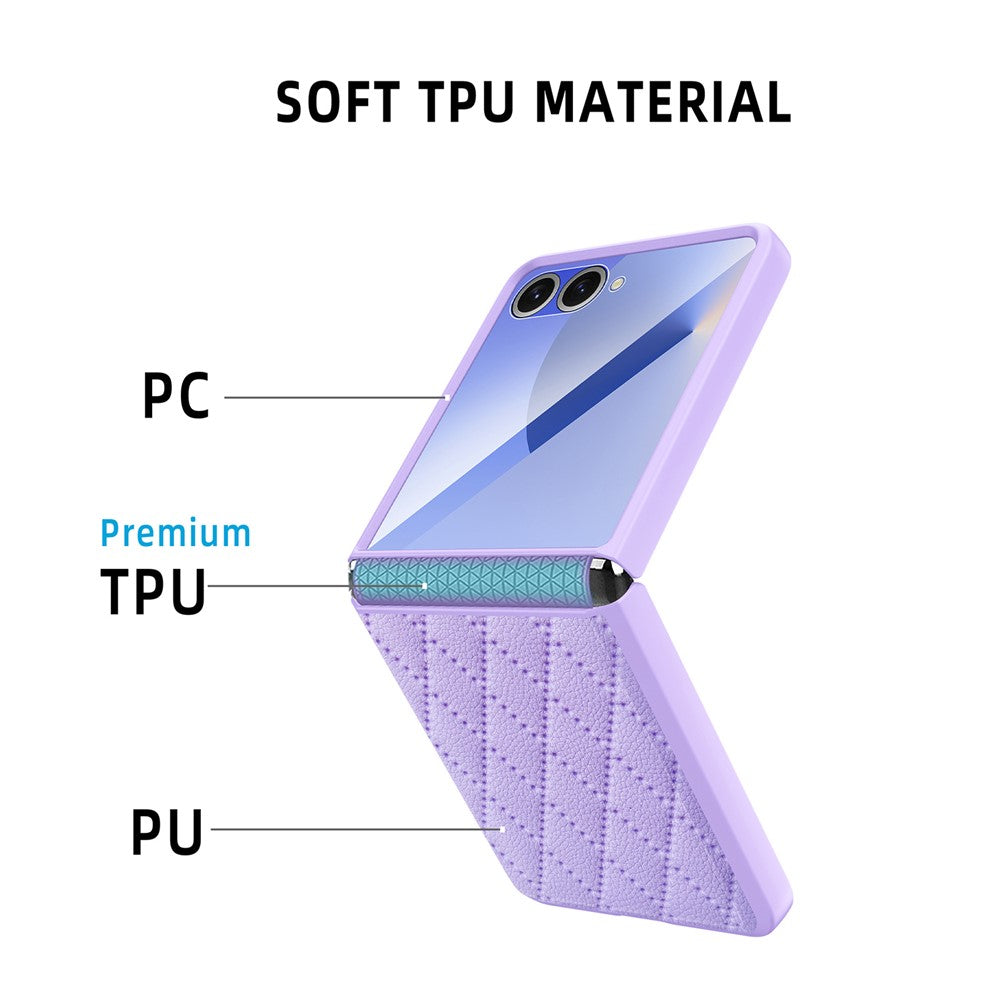 Samsung Galaxy Z Flip7 5G-skal Rhombus Imprint PU+hårt PC-mobilskal med skärm-/linsfilm