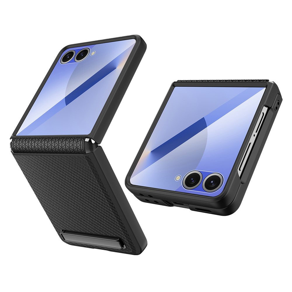 Til Samsung Galaxy Z Flip7 5G cover med støttefod PC+PU telefoncover med skærm-/linsefilm