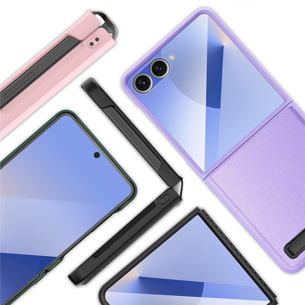 Til Samsung Galaxy Z Flip7 5G cover med støttefod PC+PU telefoncover med skærm-/linsefilm