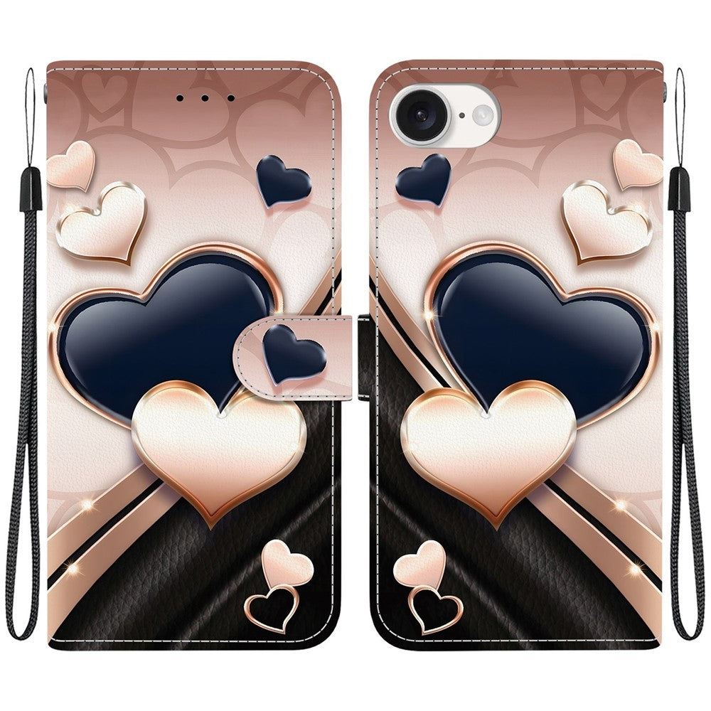 Til iPhone 17e / 16e Lædercover Stativ Pung Mønstertryk Telefoncover med Håndrem