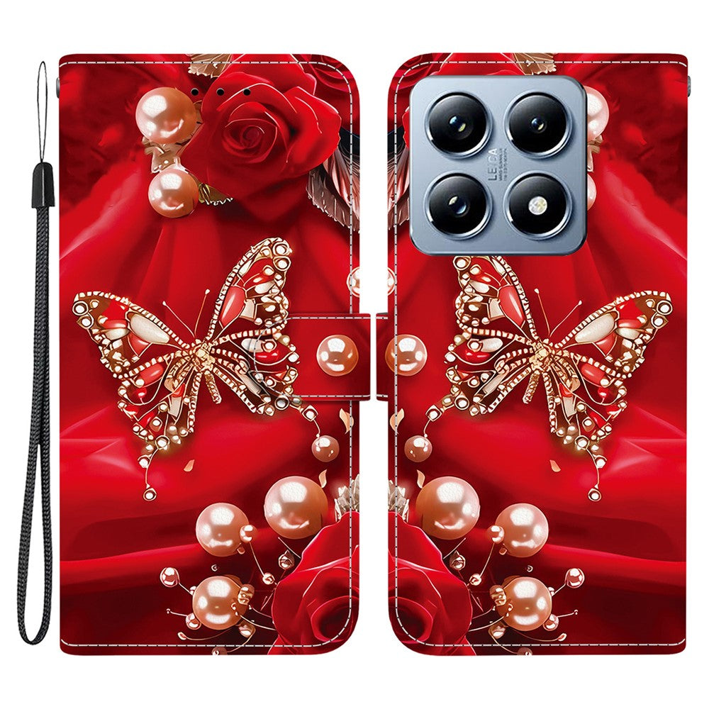 For Xiaomi 14T Pro Leather Case Stand Wallet Pattern Printing Phone Cover with Wrist Strap