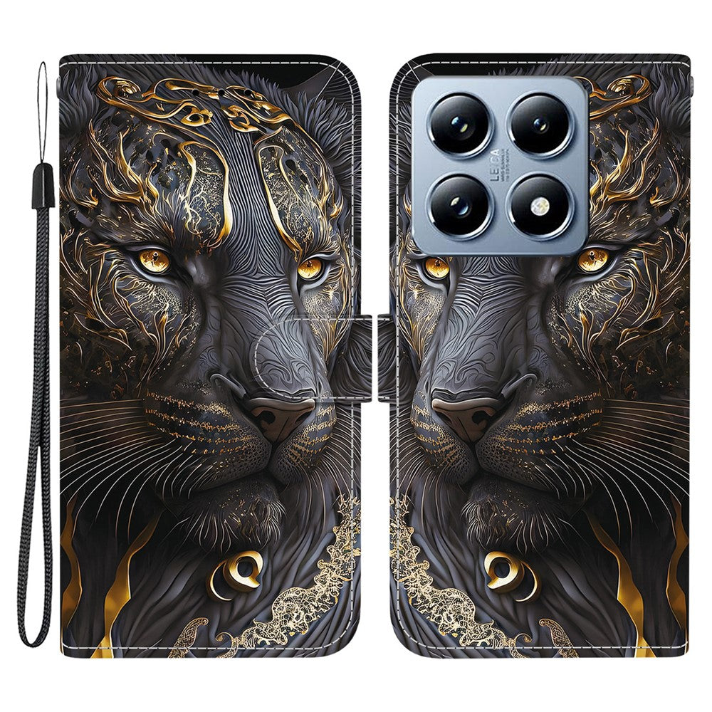 For Xiaomi 14T Pro Leather Case Stand Wallet Pattern Printing Phone Cover with Wrist Strap