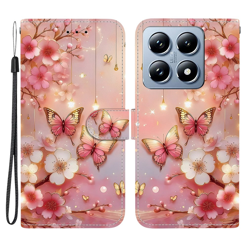 For Xiaomi 14T Pro Leather Case Stand Wallet Pattern Printing Phone Cover with Wrist Strap