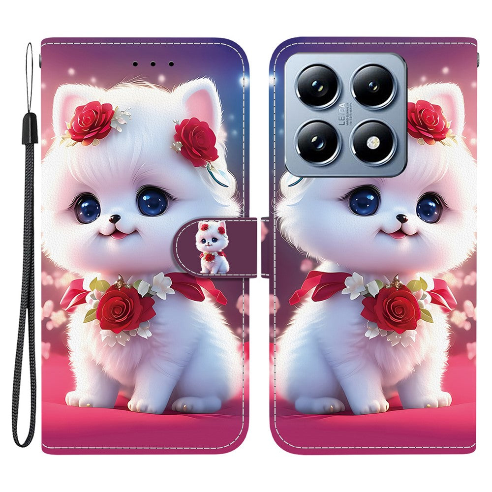 For Xiaomi 14T Pro Leather Case Stand Wallet Pattern Printing Phone Cover with Wrist Strap