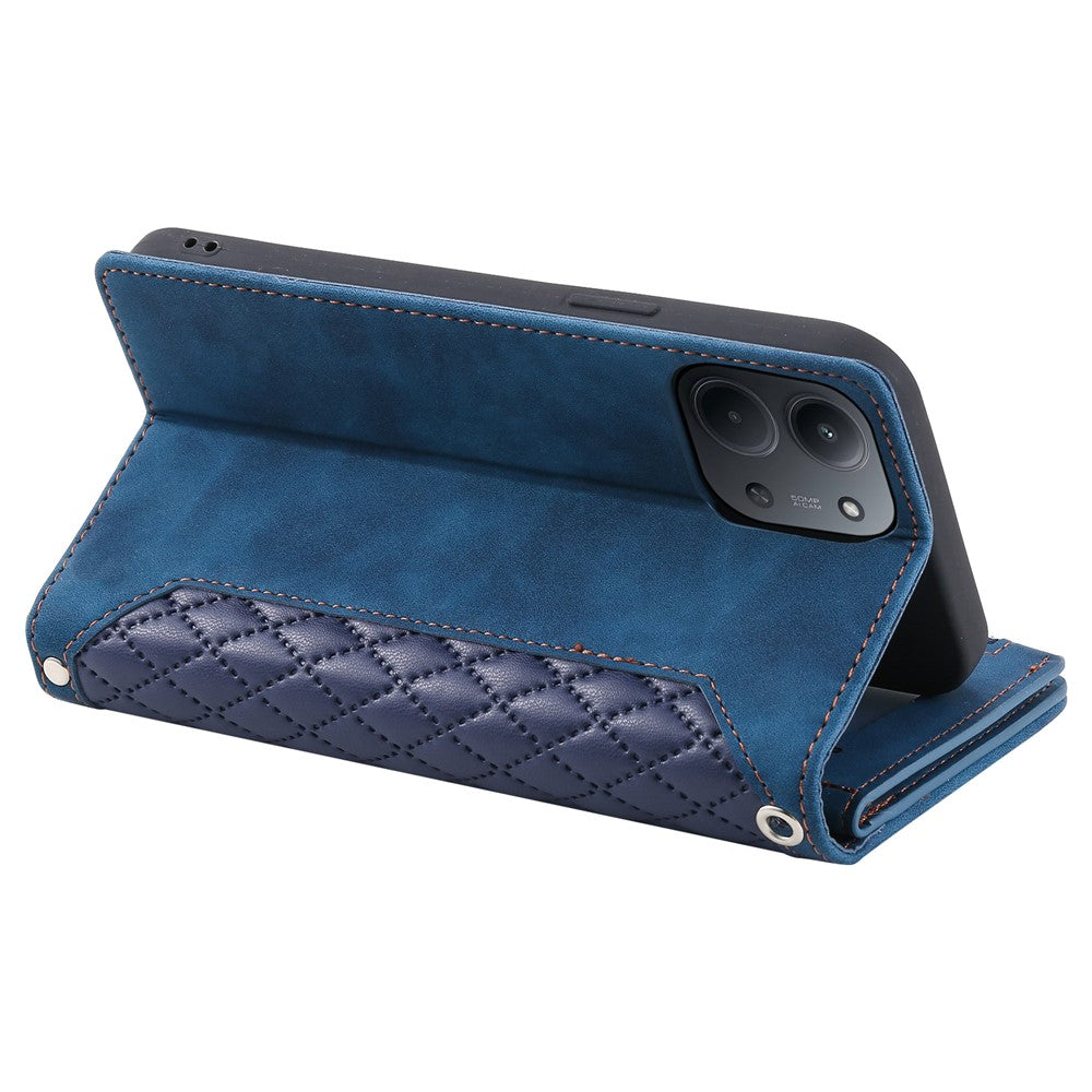 Xiaomi Redmi 15C 5G (EU) (173 mm) / 15C 4G (EU) (173 mm) Plånboksfodral Rombsömmar PU-lädermobilfodral med handledsrem