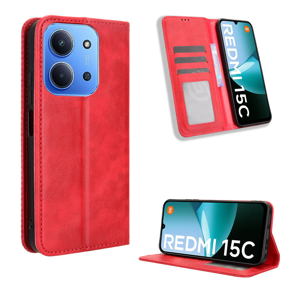 For Xiaomi Redmi 15C 4G (Global) (171mm) / Poco C85 4G (171mm) Leather Case Wallet Stand Retro Texture Phone Cover