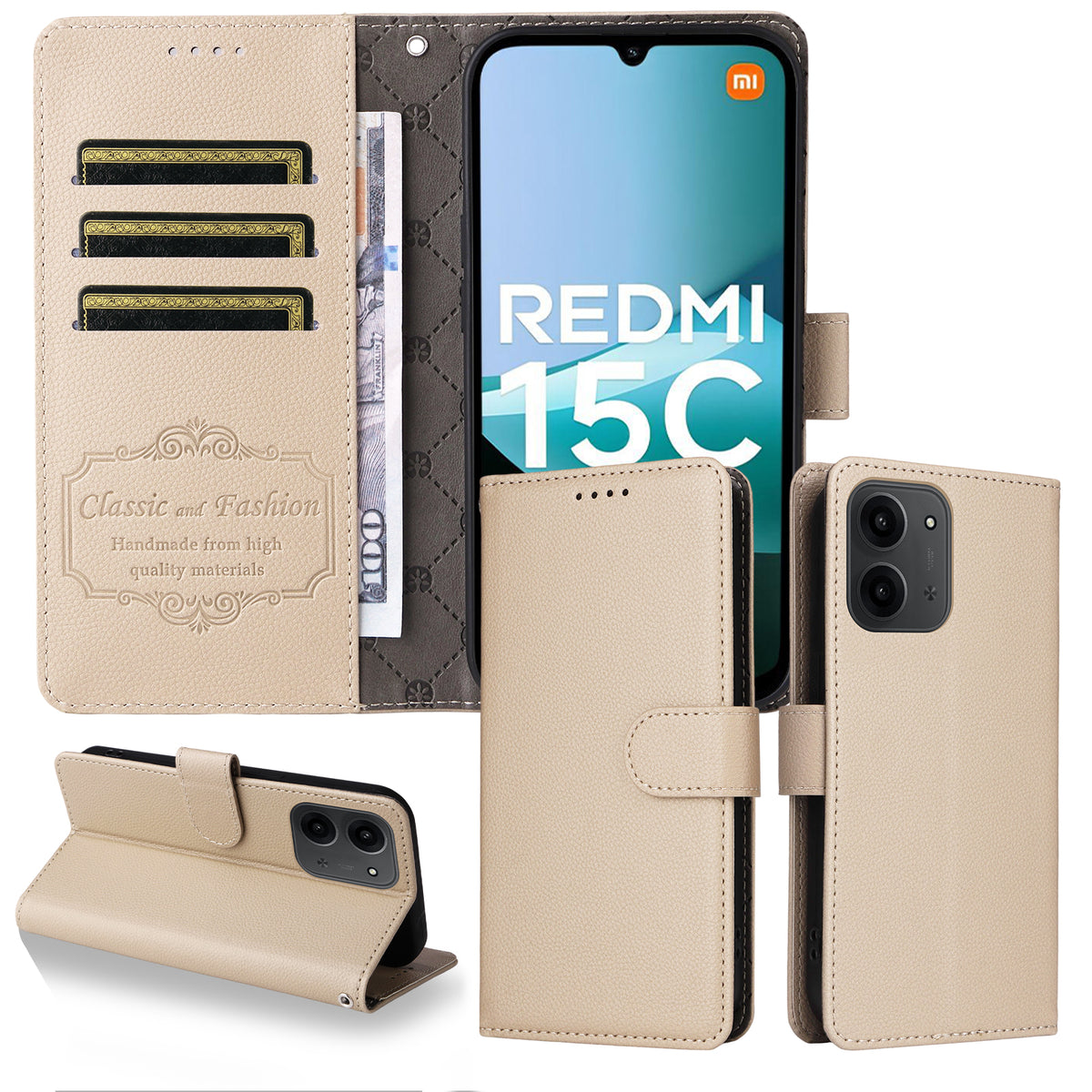 For Xiaomi Redmi 15C 4G (Global) (171mm) / Poco C85 4G (171mm) Case RFID Blocking 3 Card Slots PU Leather Phone Cover with Wrist Strap