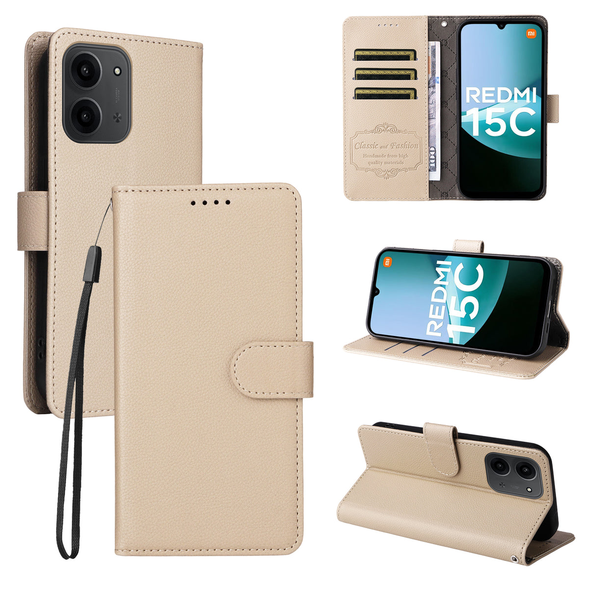 For Xiaomi Redmi 15C 4G (Global) (171mm) / Poco C85 4G (171mm) Case RFID Blocking 3 Card Slots PU Leather Phone Cover with Wrist Strap