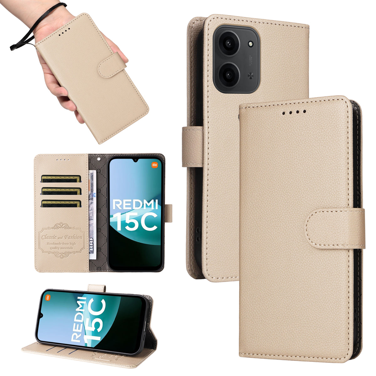 For Xiaomi Redmi 15C 4G (Global) (171mm) / Poco C85 4G (171mm) Case RFID Blocking 3 Card Slots PU Leather Phone Cover with Wrist Strap
