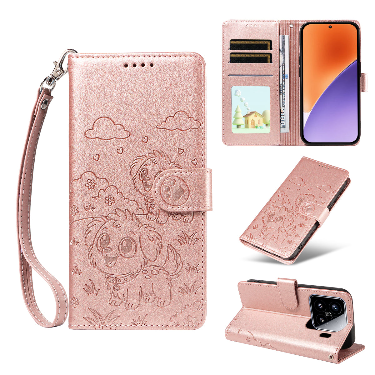 For Xiaomi 15 Case RFID Blocking Imprint Dog Pattern PU Leather Phone Cover with Wrist Strap