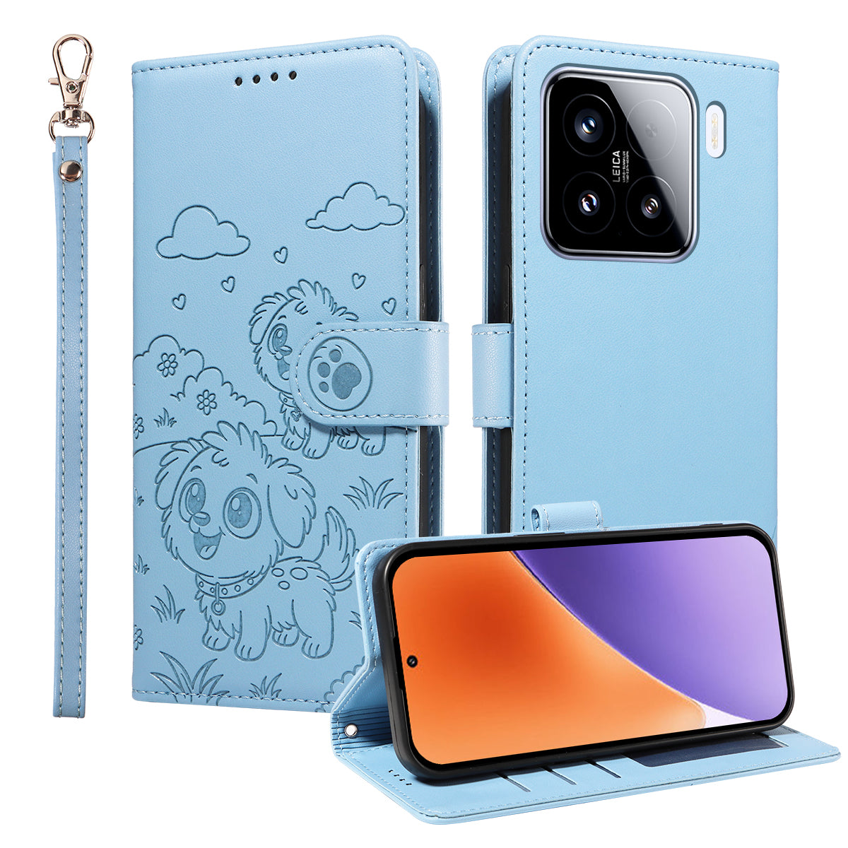 For Xiaomi 15 Case RFID Blocking Imprint Dog Pattern PU Leather Phone Cover with Wrist Strap