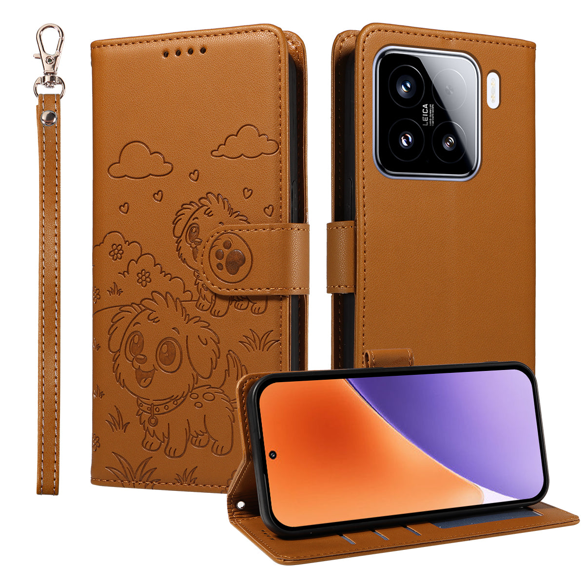 For Xiaomi 15 Case RFID Blocking Imprint Dog Pattern PU Leather Phone Cover with Wrist Strap