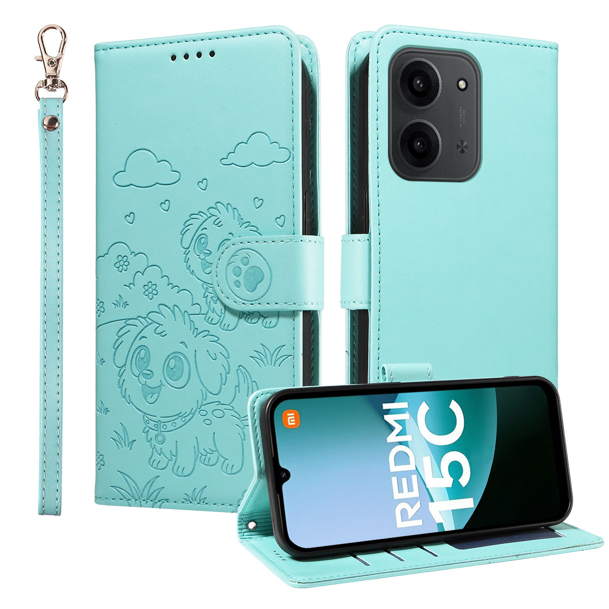 For Xiaomi Redmi 15C 4G (Global) (171mm) / Poco C85 4G (171mm) Case RFID Blocking Imprint Dog Pattern PU Leather Phone Cover with Wrist Strap