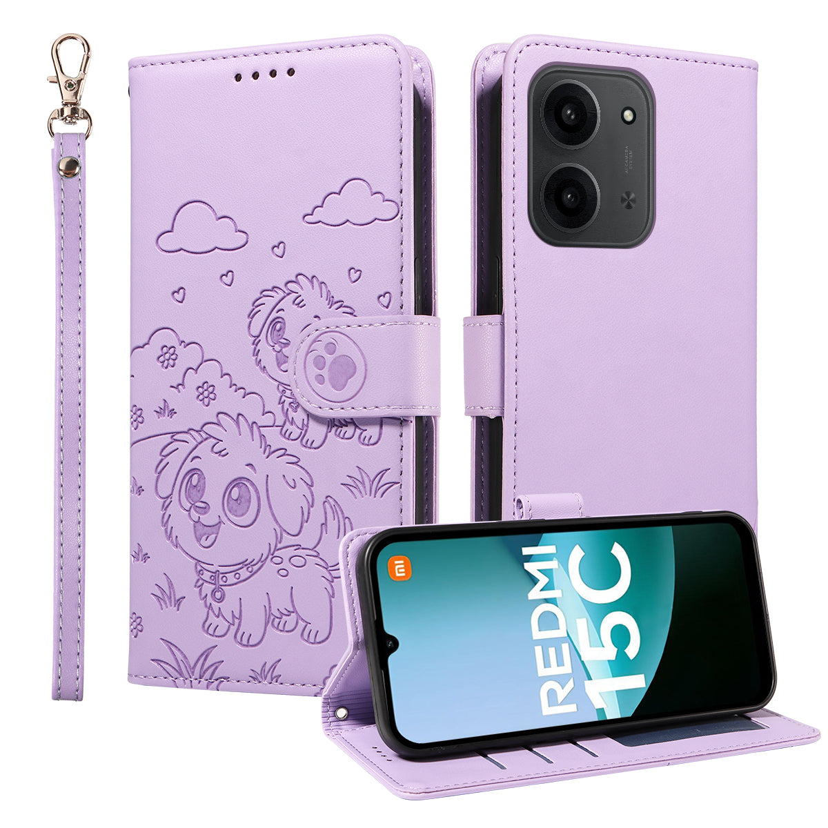For Xiaomi Redmi 15C 4G (Global) (171mm) / Poco C85 4G (171mm) Case RFID Blocking Imprint Dog Pattern PU Leather Phone Cover with Wrist Strap