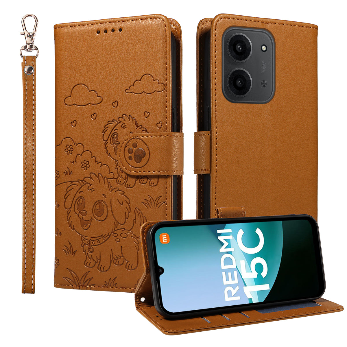 For Xiaomi Redmi 15C 4G (Global) (171mm) / Poco C85 4G (171mm) Case RFID Blocking Imprint Dog Pattern PU Leather Phone Cover with Wrist Strap