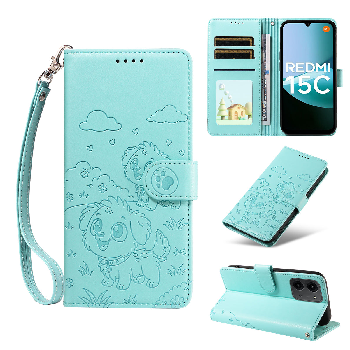 For Xiaomi Redmi 15C 5G (EU) (173mm) / 15C 4G (EU) (173mm) Case RFID Blocking Imprint Dog Pattern PU Leather Phone Cover with Wrist Strap
