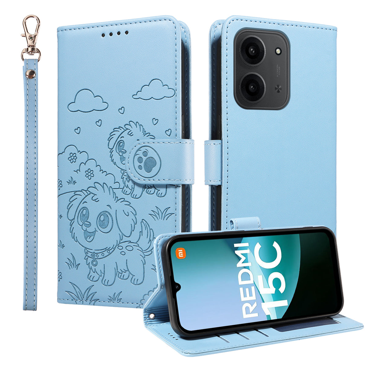 For Xiaomi Redmi 15C 5G (EU) (173mm) / 15C 4G (EU) (173mm) Case RFID Blocking Imprint Dog Pattern PU Leather Phone Cover with Wrist Strap