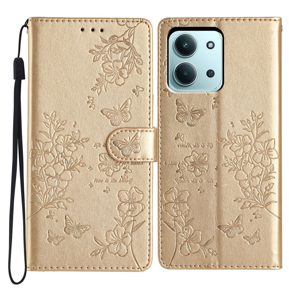 Xiaomi Redmi 15C 4G (Global) (171 mm) / Poco C85 4G (171 mm) pungetui i læder med klap, sommerfugleblomstermønster og rem