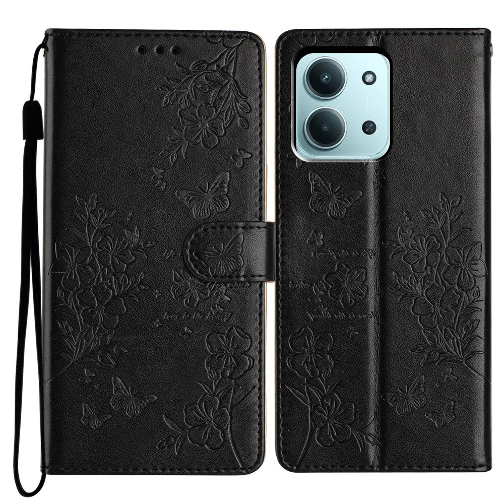 Xiaomi Redmi 15C 4G (Global) (171 mm) / Poco C85 4G (171 mm) pungetui i læder med klap, sommerfugleblomstermønster og rem