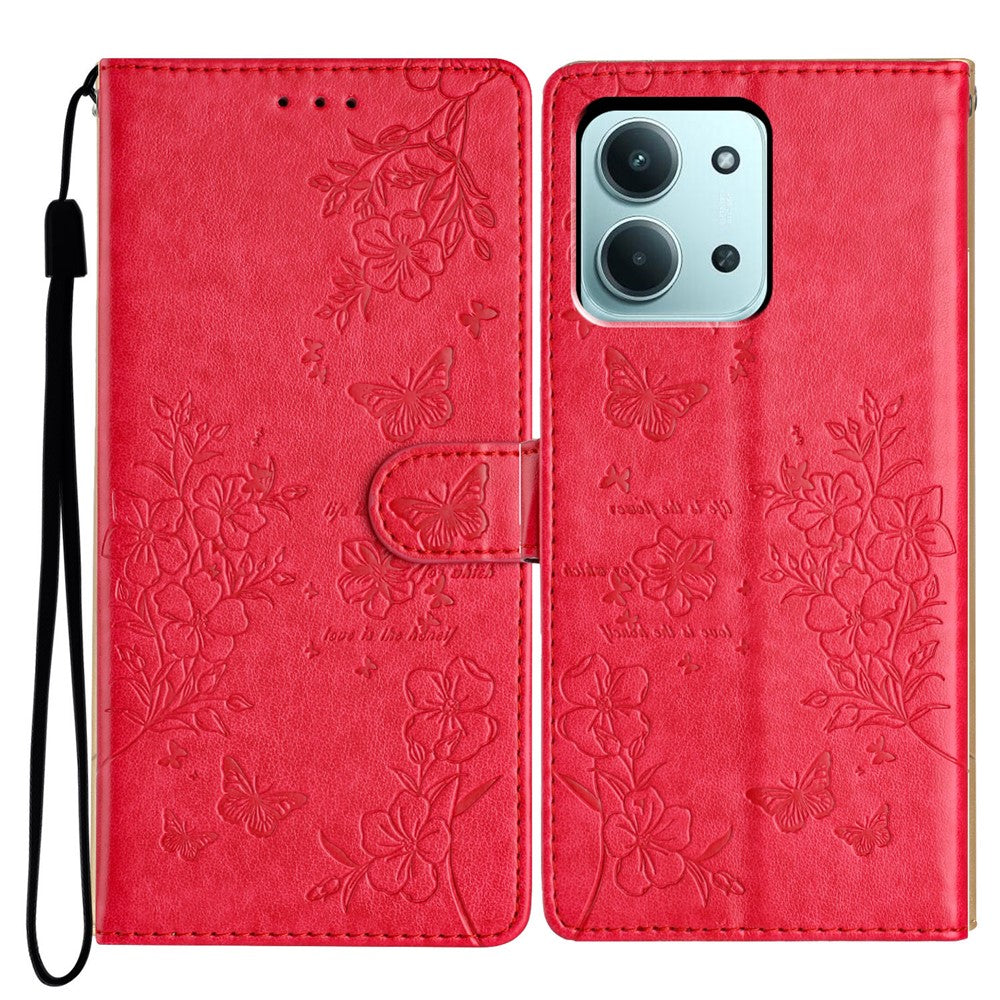 Xiaomi Redmi 15C 4G (Global) (171 mm) / Poco C85 4G (171 mm) pungetui i læder med klap, sommerfugleblomstermønster og rem