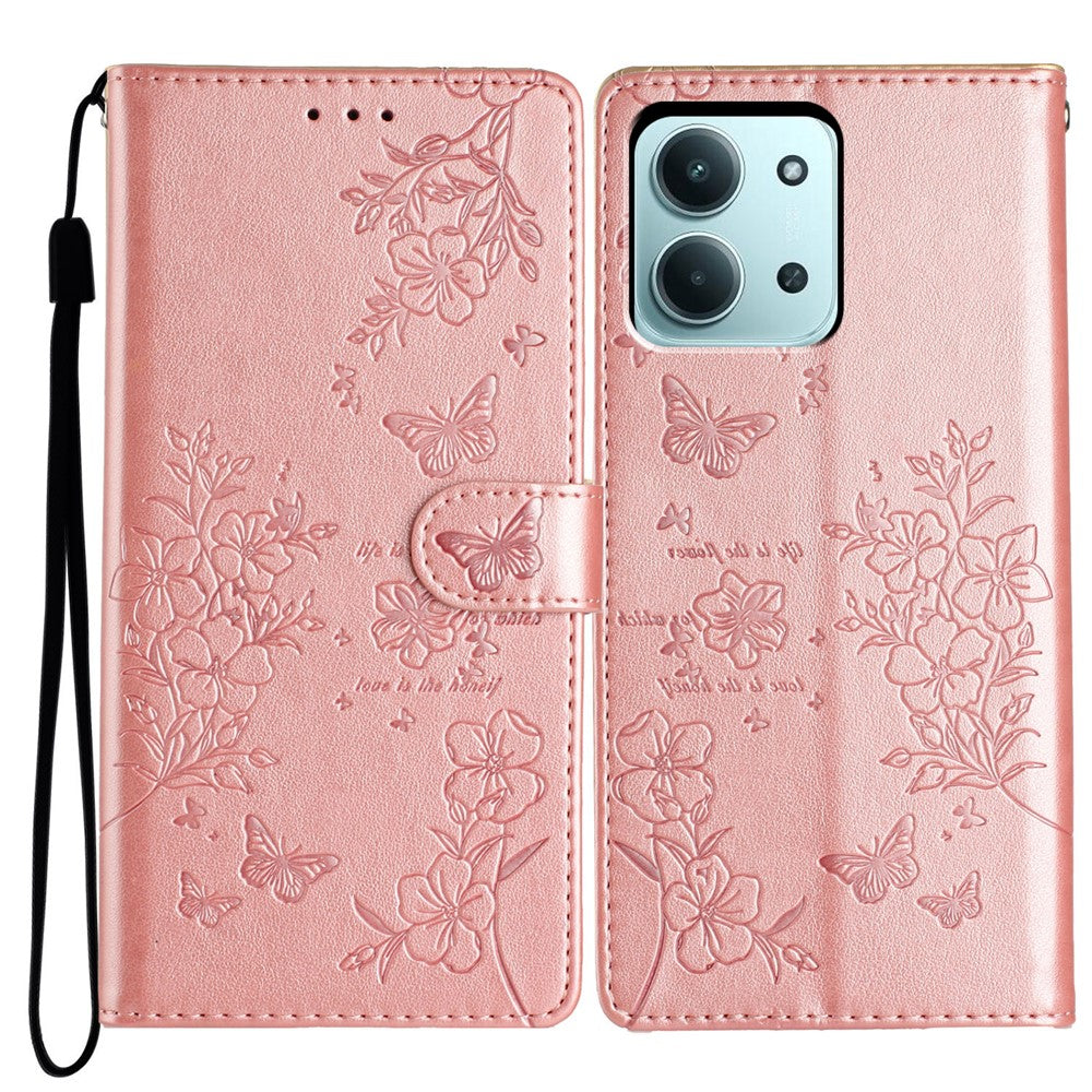 Xiaomi Redmi 15C 4G (Global) (171 mm) / Poco C85 4G (171 mm) pungetui i læder med klap, sommerfugleblomstermønster og rem