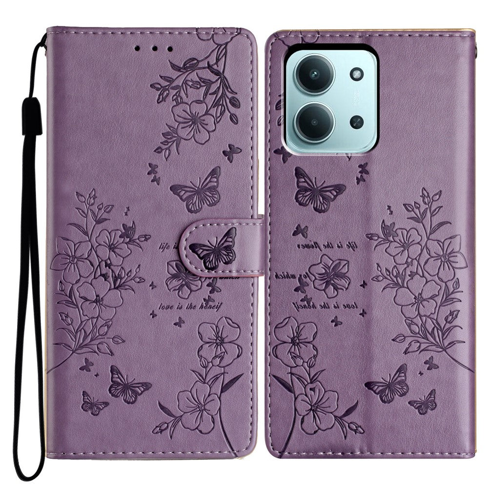 Xiaomi Redmi 15C 4G (Global) (171 mm) / Poco C85 4G (171 mm) pungetui i læder med klap, sommerfugleblomstermønster og rem