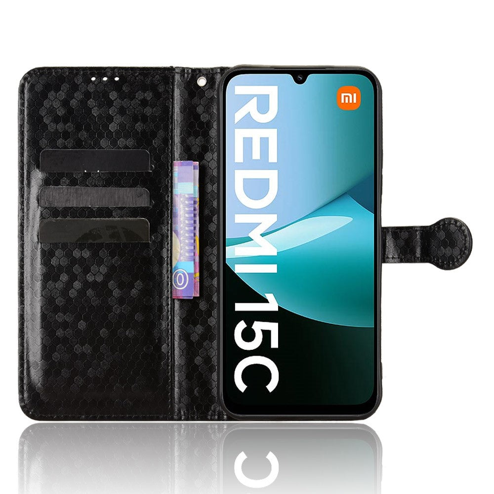 For Xiaomi Redmi 15C 4G (Global) (171mm) / Poco C85 4G (171mm) Wallet Case Dot Pattern Imprint PU Leather Phone Cover with Wrist Strap