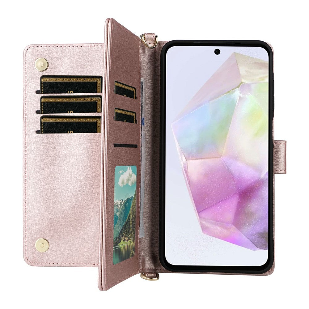 Samsung Galaxy A18 5G / A18 4G / A17 5G / A17 4G-cover med skulder-/håndledsrem, lædercover med stativ og pung
