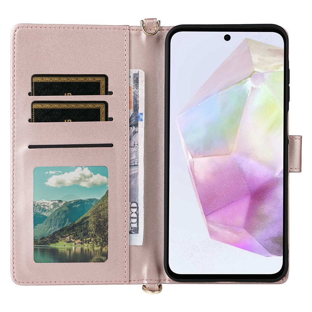 Samsung Galaxy A18 5G / A18 4G / A17 5G / A17 4G-cover med skulder-/håndledsrem, lædercover med stativ og pung